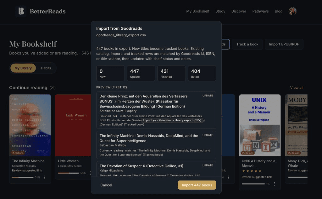 BetterReads Import from Goodreads preview on web