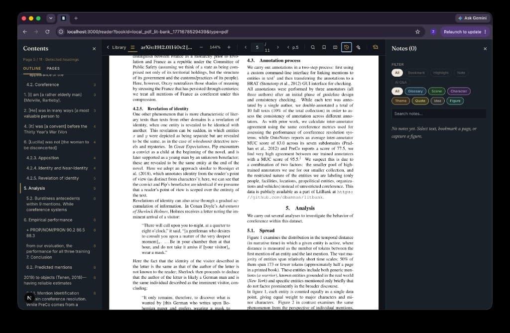BetterReads PDF reader with contents outline, notes, and Ask in side panels