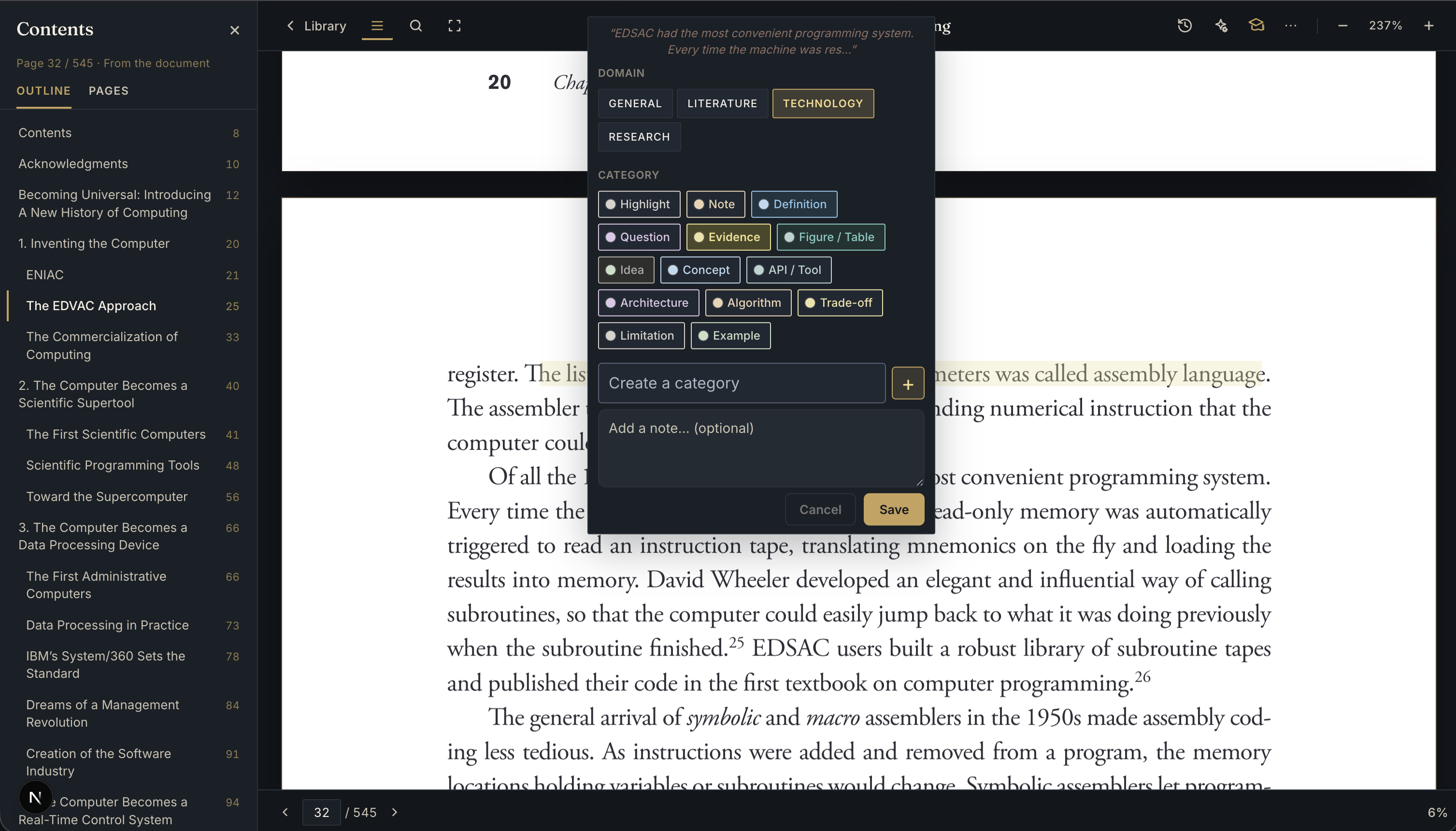 BetterReads PDF annotation editor with the Technology domain, technical categories, and custom-category field