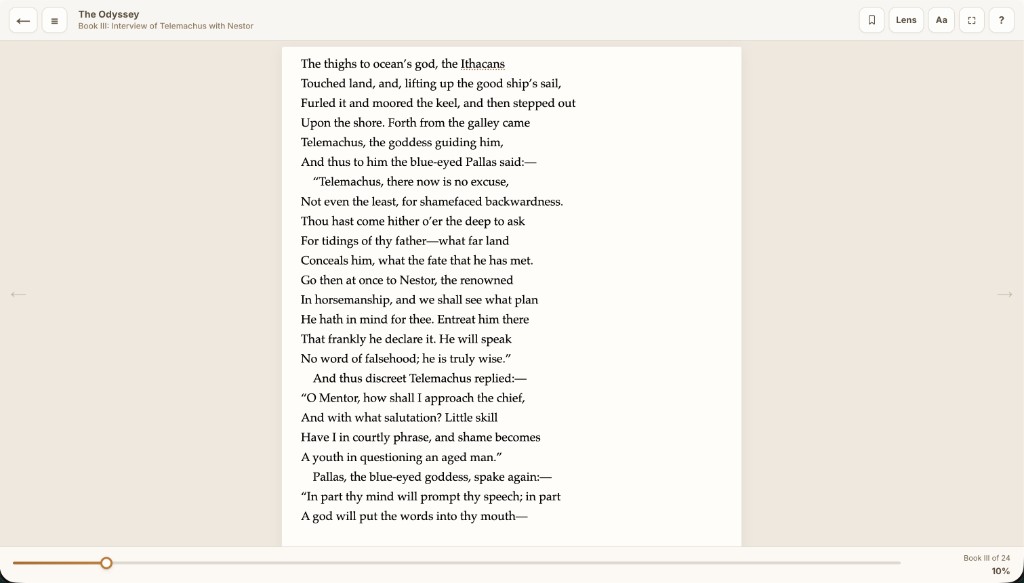 BetterReads reader on the Odyssey, Book III — open Lens from the toolbar for Epic Chapter Lens on supported books