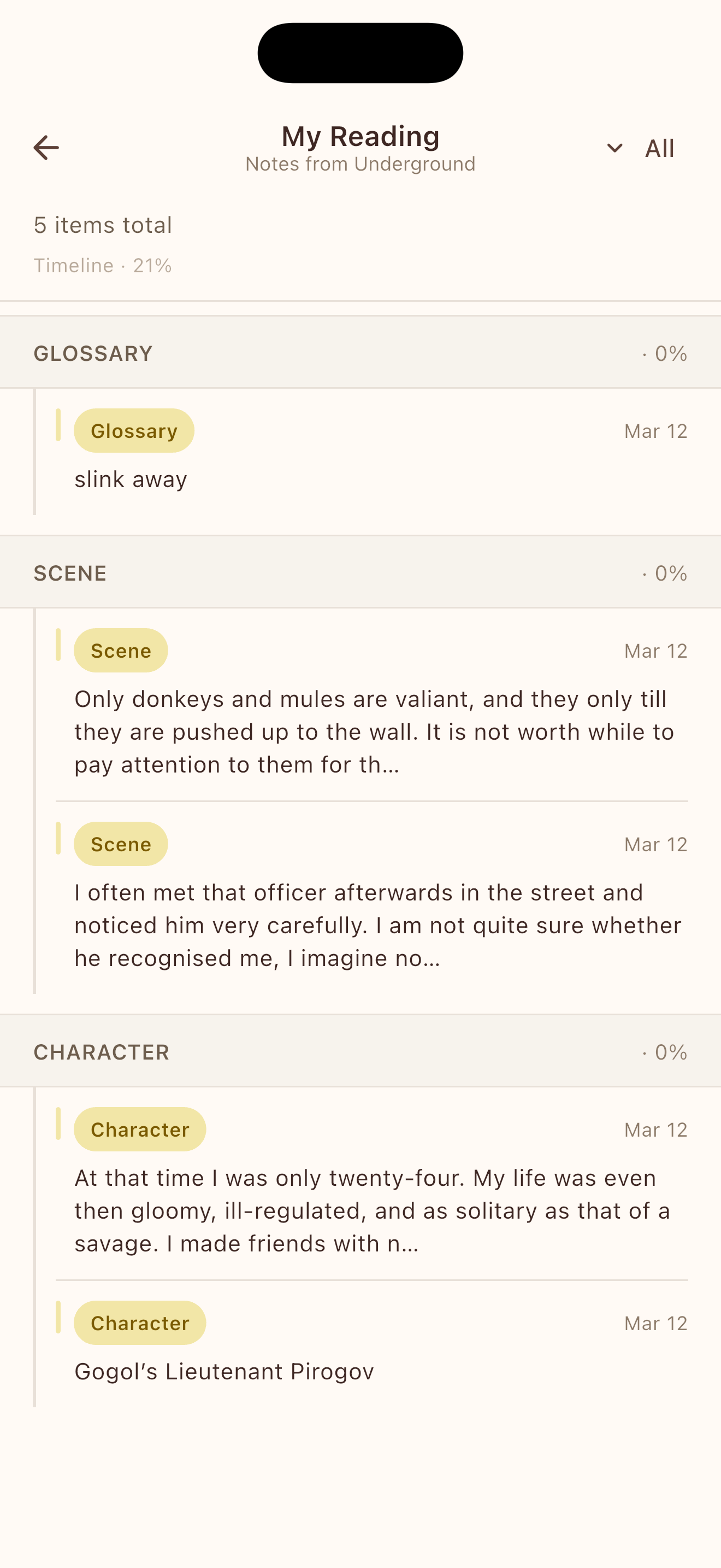 BetterReads: Annotation review screen grouped by category