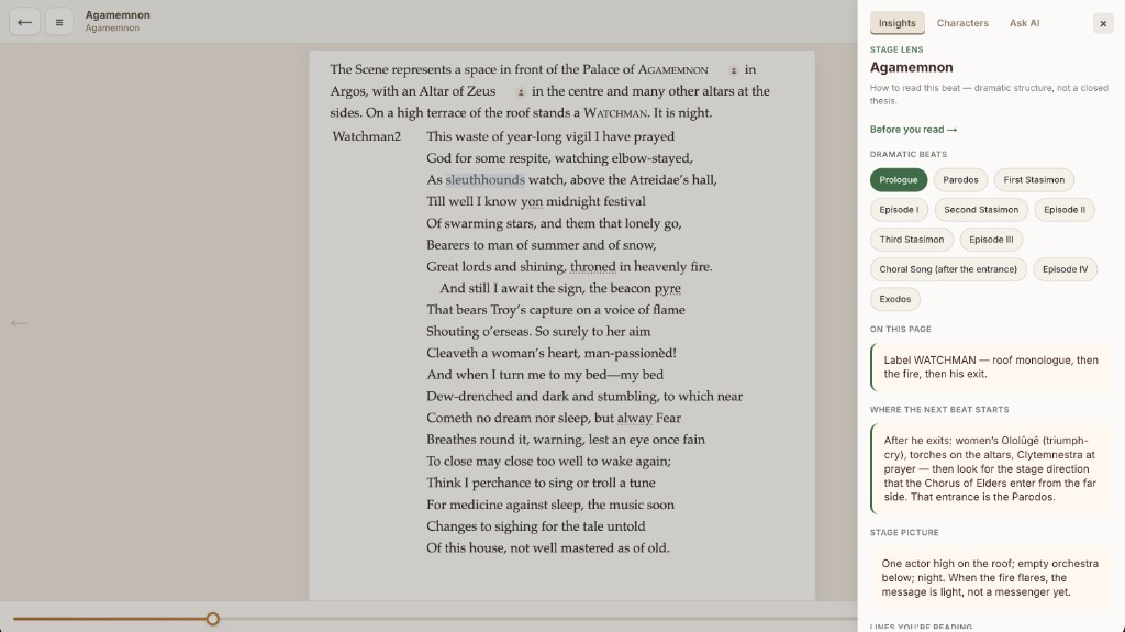 BetterReads Stage Lens on Aeschylus's Agamemnon — Prologue beat selected, with dramatic beat chips, On this page, and Stage picture beside the verse