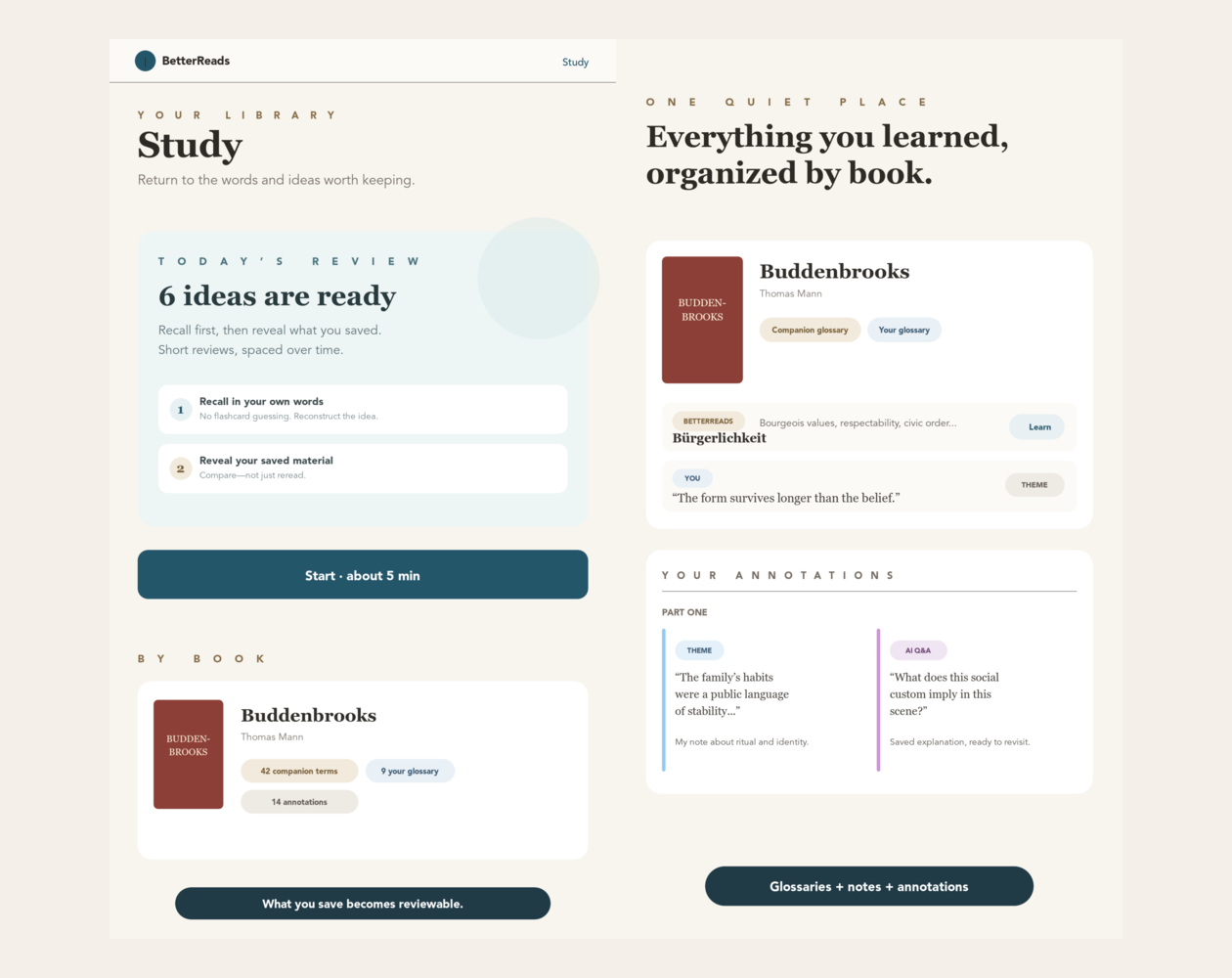 The BetterReads Study dashboard with Today's Review beside a unified per-book archive of companion glossary terms, personal glossary entries, notes, and annotations