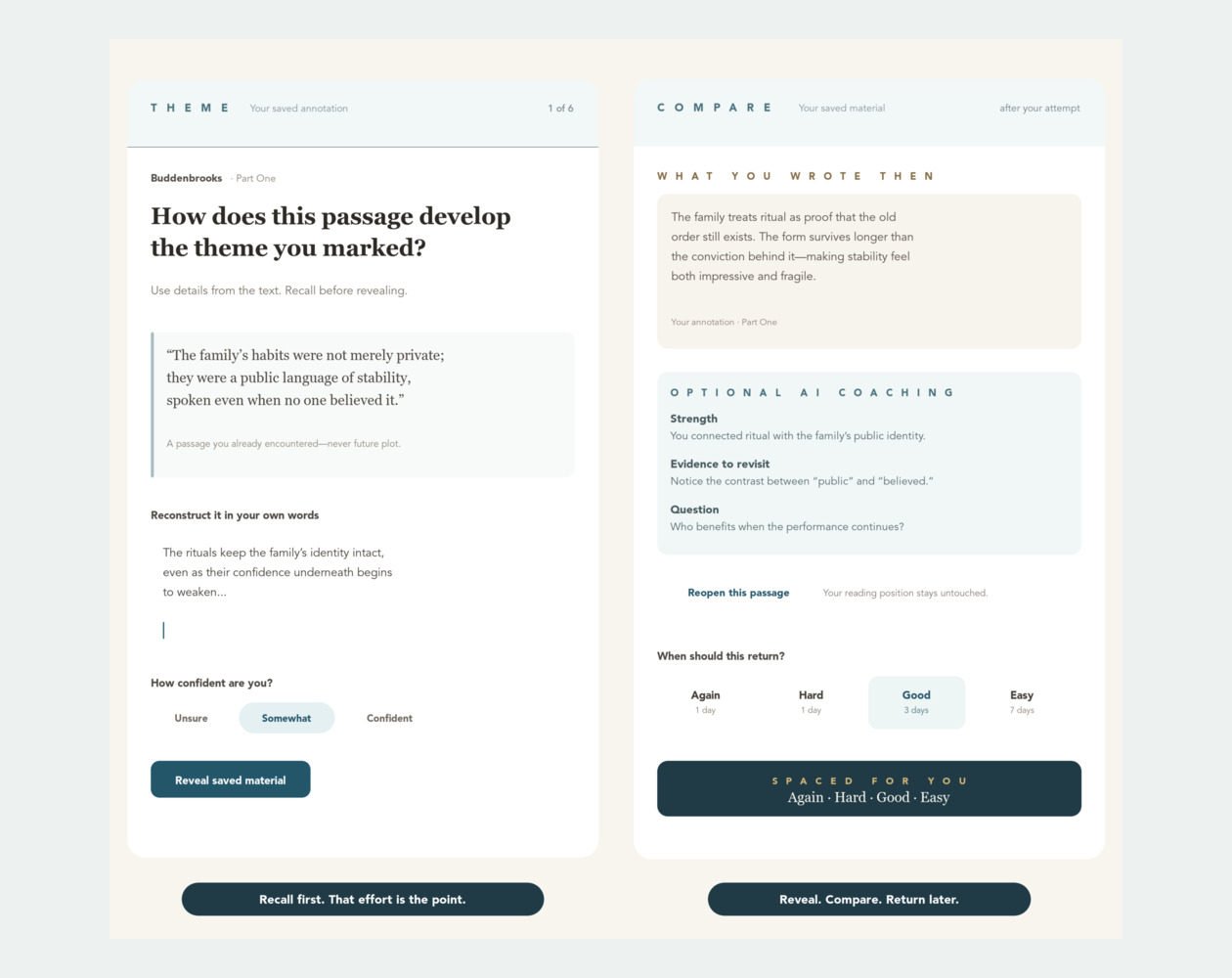 A BetterReads Study review before and after reveal, showing a recall prompt, confidence rating, saved material, optional AI coaching, and adaptive return choices