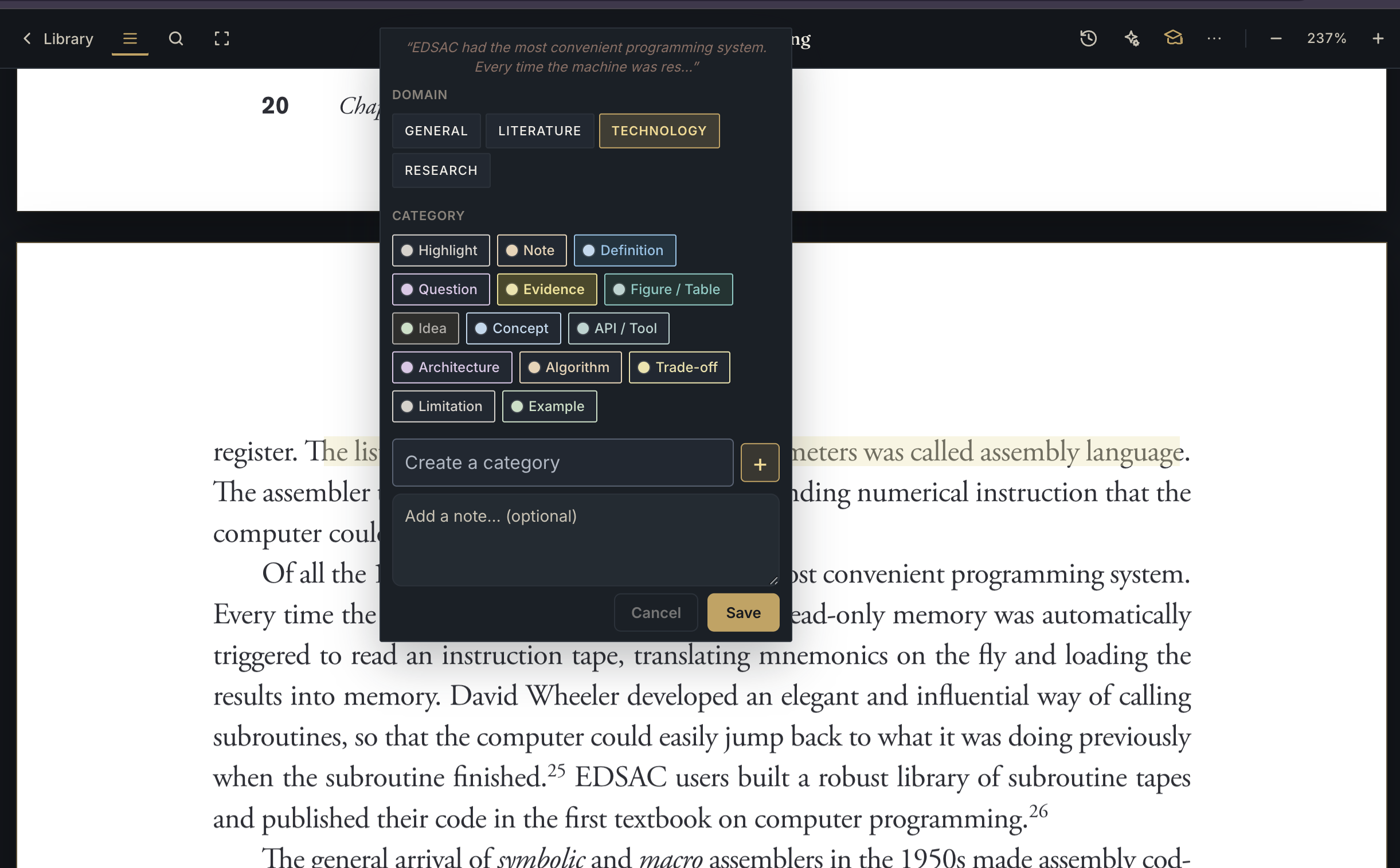BetterReads semantic annotation editor with the Technology domain, technical categories, and custom-category field