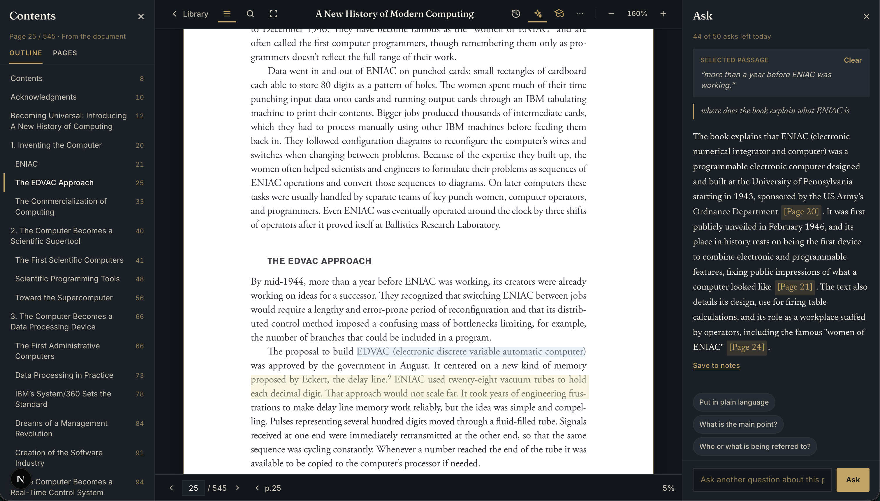 BetterReads Ask AI citation flow showing the selected passage and the page-grounded answer with citations