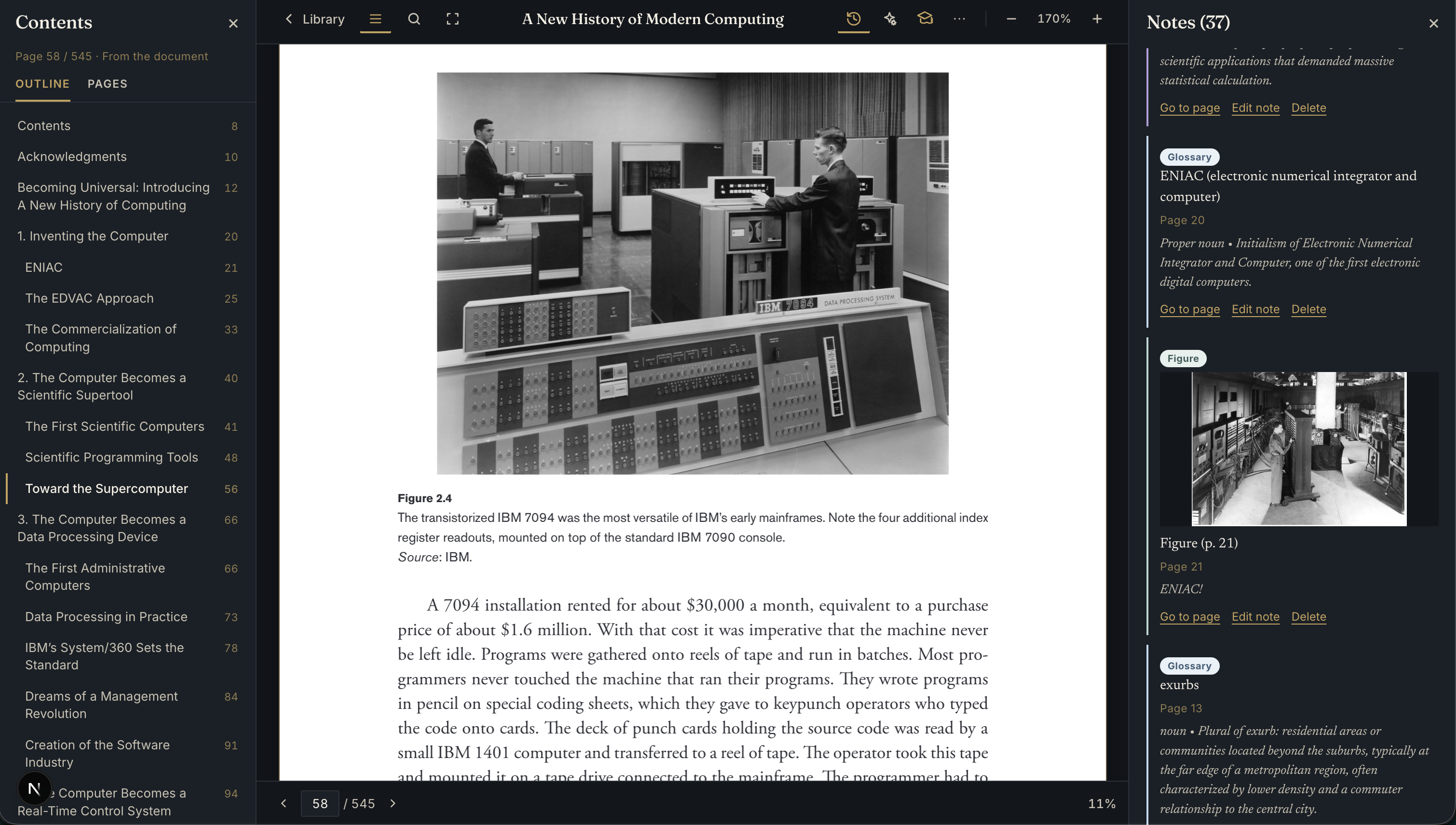 BetterReads web PDF reader with Contents, the document page, and Notes open together