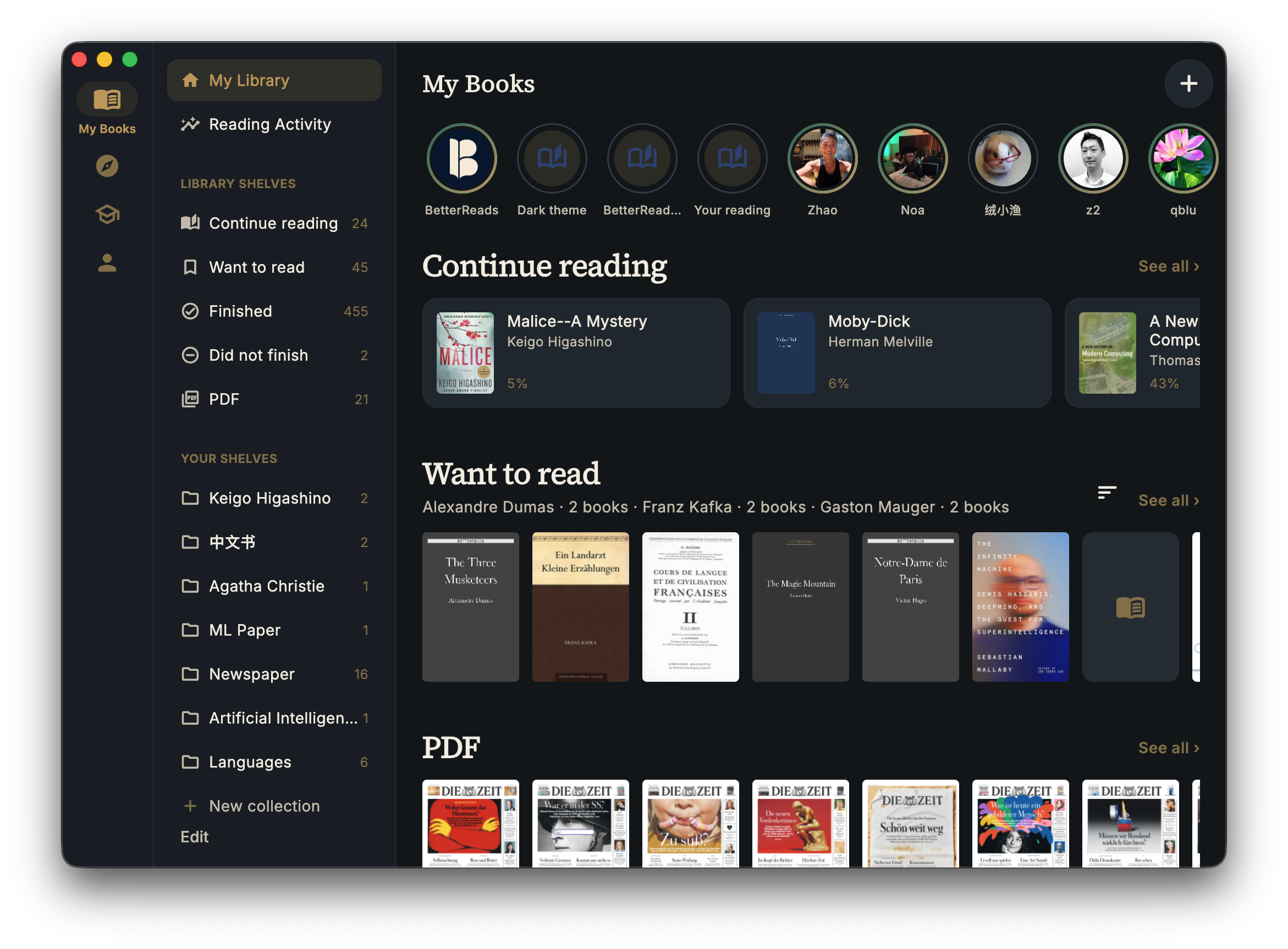 BetterReads for Mac with the library sidebar, continue-reading view, and PDF shelf