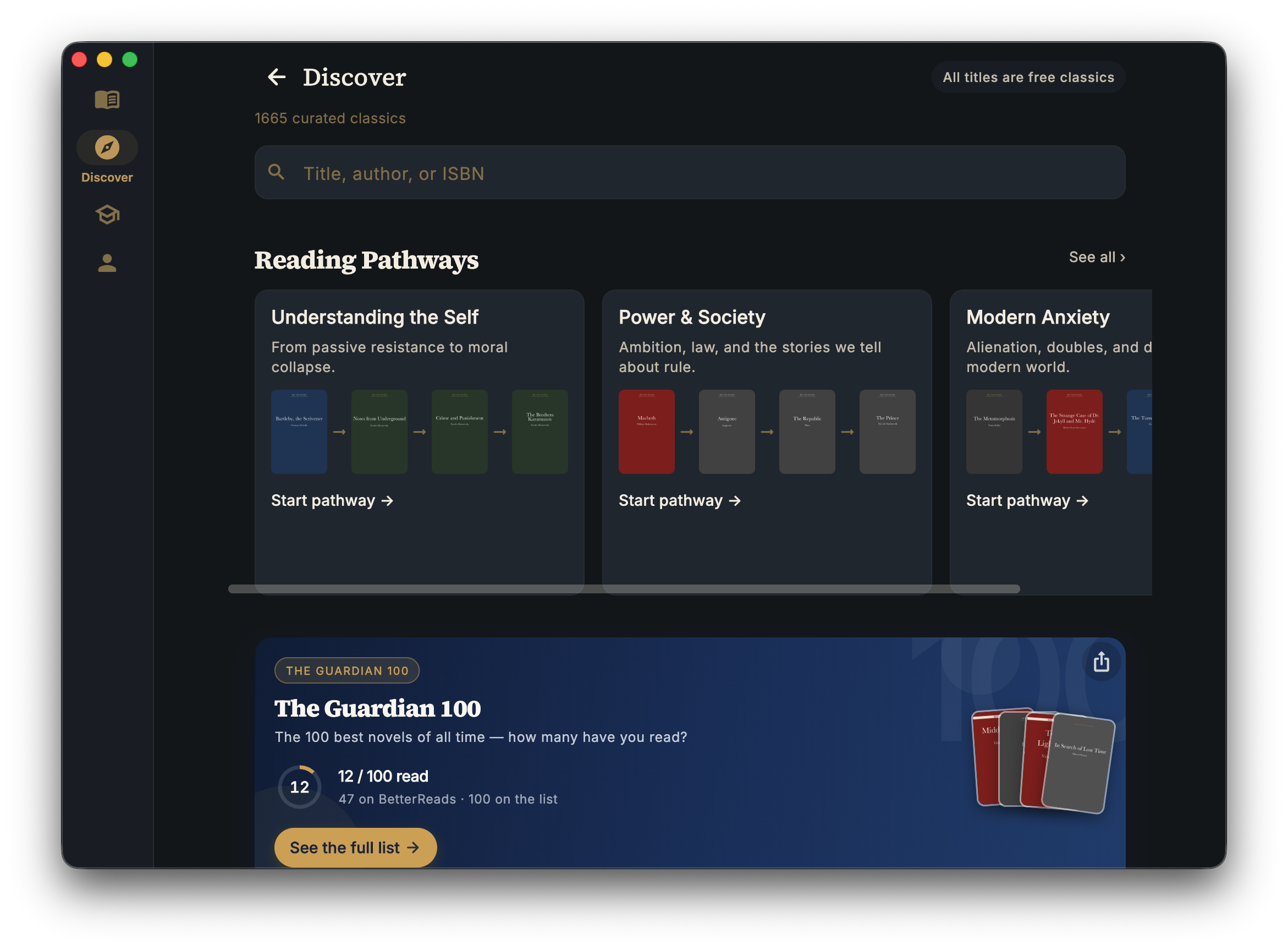 BetterReads Discover with reading pathways and curated classics